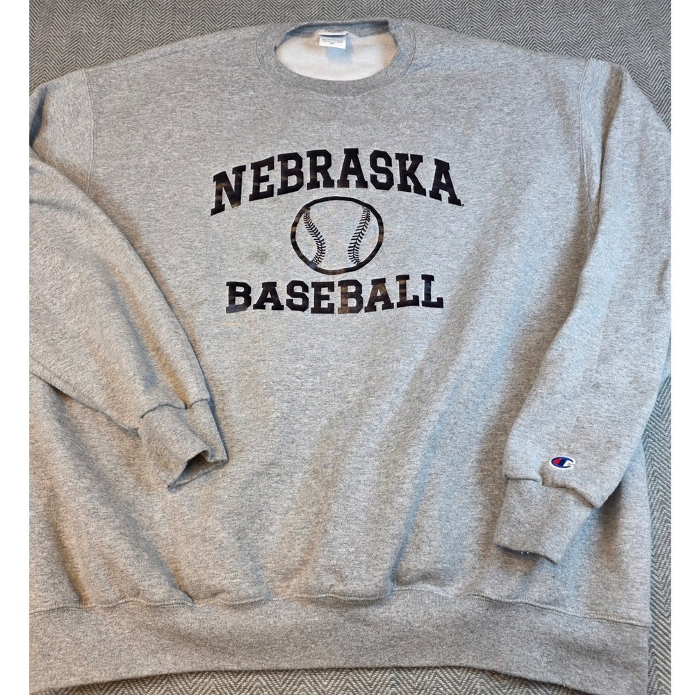 Champion Nebraska Baseball Sweatshirt Mens 2XL Gray Crewneck Eco Fleece Pullover